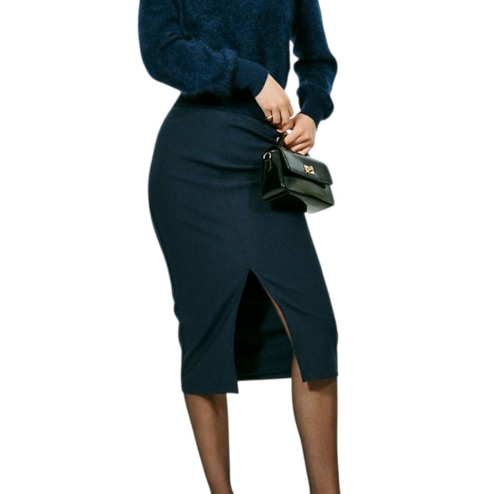 J Crew Carreman Pencil Midi Skirt Navy Blue Four Season Stretch Front Slit XL 14